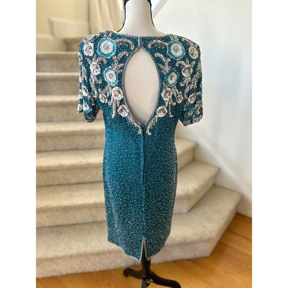 Vintage Teal Blue & Silver Beaded Floral Silk Sheath Dress - Picture 3 of 8